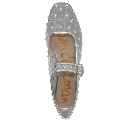 Sam Edelman Women's Michaela Mary Jane Flat, Soft Silver Glitz Mesh, 6.5