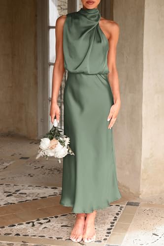 PRETTYGARDEN Women's 2025 Summer Satin Dress Elegant Sleeveless Mock Neck Cocktail Party Maxi Dresses (Army Green,Large)