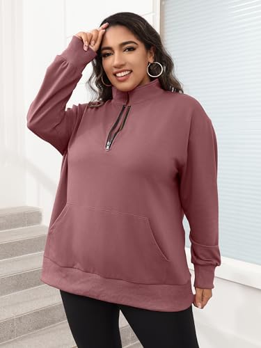 TAKEYAL Womens Quarter Zip Plus Size Sweatshirt Pockets Oversized Drop Shoulder Crewneck 2025 Fall Spring Clothes (Dark Pink, 3XL)