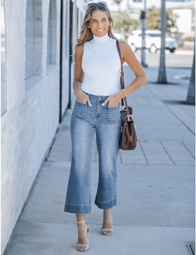 luvamia Wide Leg Jeans for Women Trendy High Waisted Flare Jeans Cropped Denim Pants Stretchy Baggy with Patch Pockets Blue Tides Size 16 Size 18