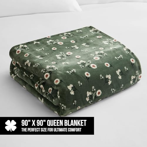 Lucky Brand Daisy Green Floral 90"X90" Cozy Plush Blanket - Premium Microfiber Throw for Luxurious Comfort and Style Full/Queen Size