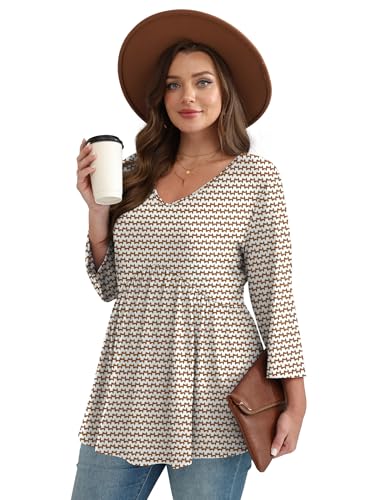 OFEEFAN Plus Size Women Blouses Ladies 3/4 Length Sleeve Tops 2025 Chocolate Brown Fall Clothing Spring Tshirts Shirts for Women Babydoll Tunic Top Cowgirl Western Outfits 2XL
