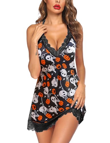 Avidlove Women Lingerie Satin Lace Chemise Nightgown Sexy Full Slips Sleepwear S4XL Floral Pumpkin