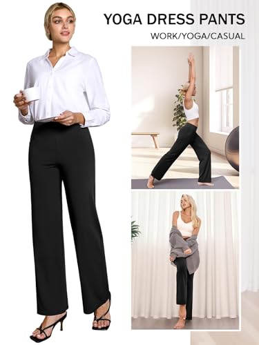 COPYLEAF Wide Leg Yoga Pants Women Stretch Dress Work Pants with Pockets Lounge Casual Sweatpants(Black XL)