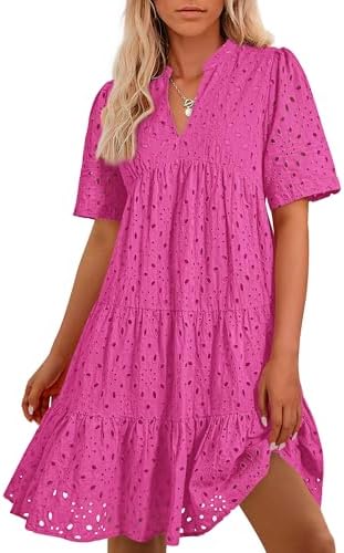 Easter Dress Women - BTFBM Womens Boho Summer Dresses 2025 Resort V Neck Short Sleeve Hollow Out Lace Ruffle Casual Beach Mini Vacation Dress Rose Red