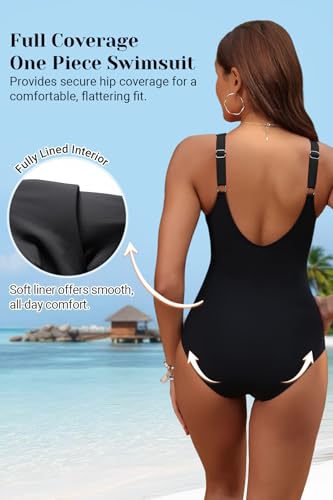 Holipick Black Women Tummy Control One Piece Swimsuit - Push Up Bathing Suit Full Coverage Slimming Swimwear M