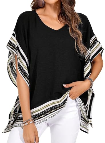 Falechay Flowy Tops for Women Blouses Dressy Casual T Shirts Short Sleeves V Neck Boho Tops Loose Tshirts Side Slit Tees Summer Fit Blouses Fall Ladies Beach Vacation Cute Tshirts Black L