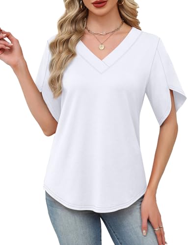WIHOLL Plus Size Blouses for Women Dressy Casual Summer Tops V Neck Shirts Fashion Clothing Vacation Outfits Spring Break Essentials White 3XL