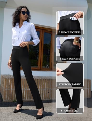 keriffe Women's Stretchy Yoga Dress Pants High Waisted Straight Leg Casual Work Business Office Slacks 4 Pockets Black