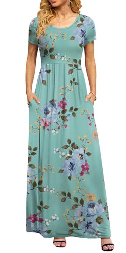 DB MOON Womens 2026 Casual Summer Maxi Dresses Short Sleeve Empire Waist Spring Long Dress with Pockets(Mint Green Floral, M)