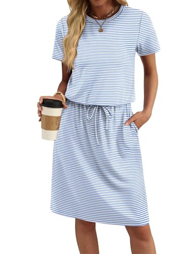 Spring Dresses for Women 2026 Midi Casual Summer Pretty Garden Beach Vacation Elegant Floral Dress Graduation Wedding Guest Date Outfits Work Dresses M Blue Striped