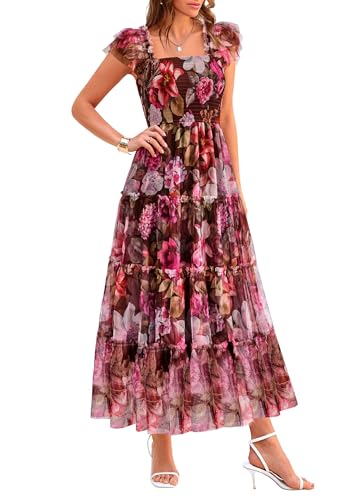 PRETTYGARDEN Women's Summer Tulle Midi Dress Sleeveless Smocked Ruffle Flowy Mesh Dresses Party Wedding Guest Sundress (Floral Brown Pink,Medium)