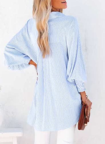 Women's Plus Size Smocked Cuffed Striped Boyfriend Shirt Casual Collar Long Sleeve Blouse Tops for Pocket Shirred Blue