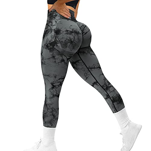 MOHUACHI Tie Dye Seamless Leggings for Women High Waist Yoga Pants, Scrunch Butt Lifting Workout Tights (Tie Dye Black Gray, XLarge)