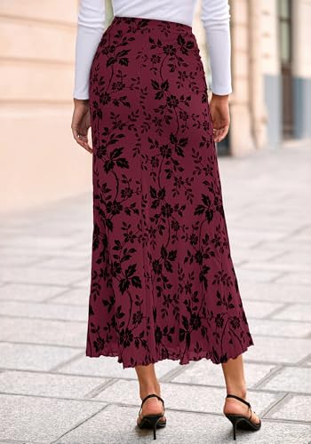 BTFBM Womens Floral Mesh Maxi Skirt 2026 Spring Summer Elastic High Waisted Boho Elegant Mermaid Long Skirts for Women(Burgundy, Medium)