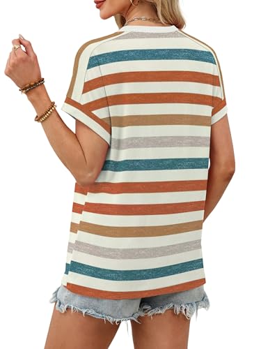 WIHOLL Womens Tops Summer Outfits 2026 Spring Clothes Break Essential Boho Vacation Cruise Fashion Trendy Short Cap Sleeve T Shirts Clothing Orange Stripes L