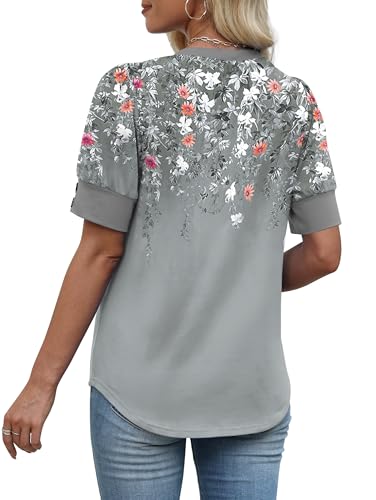 Womens Blouses Dressy Casual Short Sleeve Shirts Spring Business Work Floral Summer Tops Plus Size Fashion Clothing V Neck Tshirts Grey 2XL