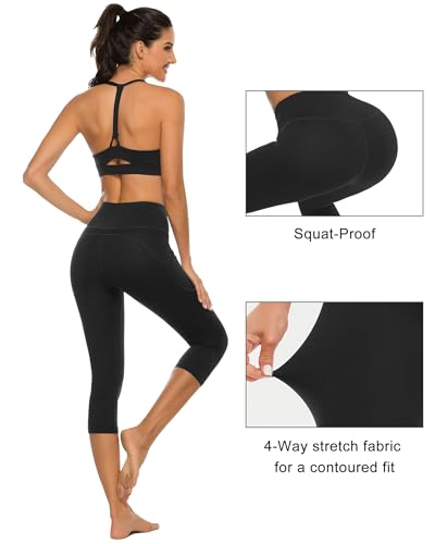 Stelle Womens High Waisted Legging Yoga Pants with Pockets for Workout(Black,L)