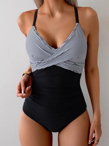 B2prity Women's One Piece Swimsuits Tummy Control Front Cross Bathing Suits Tie Back Slimming V Neck Swimwear Black Stripe/L
