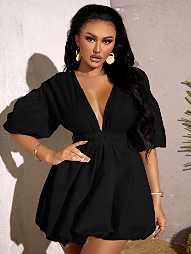 Sabrina Carpenter Yellow Dress - Women's Deep V Neck Puff Sleeve High Rise Flare Dress Elastic Waist Dress