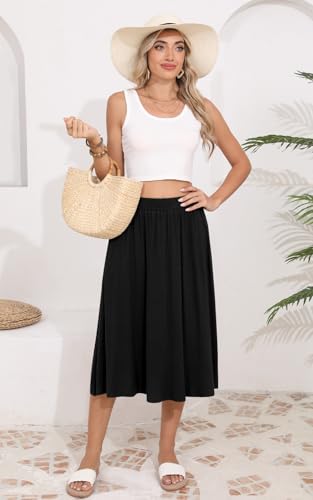 MLXSJ Women's Midi Skirt Summer Flowy Elastic High Waisted Casual Pleated Skirts with Pockets (Black, XL)