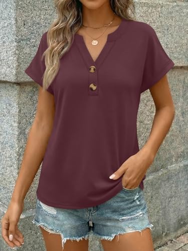 AUTOMET Womens Spring Tops 2026 Short Sleeve Shirts Henley Dressy Casual Blouses V Neck Fashion Tunics Trendy Flowy Clothing Burgundy XL
