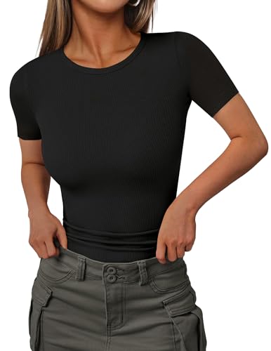 Ekouaer Women's Crew Neck Shirts Summer Slim Fit Tops Fashion Ribbed Knit Tees Going Out Casual Blouse Black S
