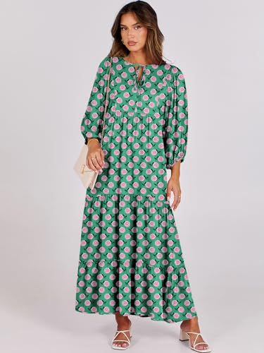 ANRABESS Womens Boho Maxi Dresses 2026 Summer V Neck Puff Sleeve Floral Flowy Swing Fall Casual Long Dress Green Small