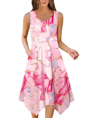 Zeagoo Dresses for Women Sundress with Pocket Knee Length Dress Floral Beach Dress O Neck Summer Sleeveless Tank Midi Dress Casual Swing Aline Loose Tshirt Dress