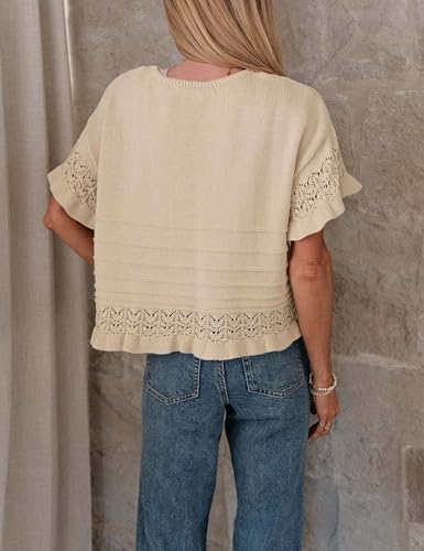 Yeokou Womens Short Sleeve Sweater Round Neck Ruffled Hem Knit Crochet Pullover Summer Fall Casual Top Blouse(Khaki-M)