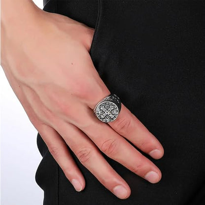 MRENITE Personalized 10K 14K 18K Gold Catholic St Saint Benedict Cross Ring for Men Round Pinky Signet Ring Custom Size Engraved Name Religious Gift Ring for Father