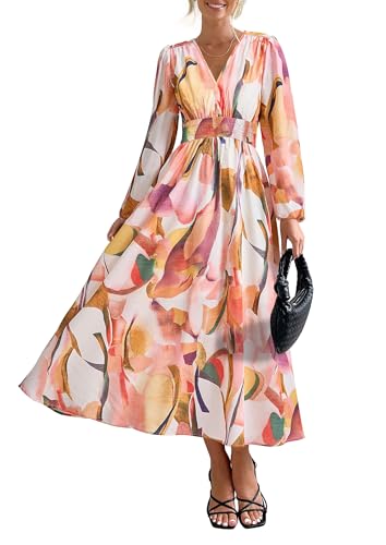 PRETTYGARDEN Women's Floral Midi Dress Casual Fall V Neck Long Sleeve Flowy Spring Beach Wedding Guest Vacation Dresses (Pink Watercolour,Large)