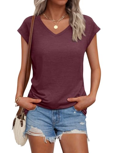 AUTOMET Womens V Neck T Shirts Spring Summer Cap Sleeve Basic Tees Trendy Cute Tops for Work Dressy Casual Beach Vacation Wine Red L