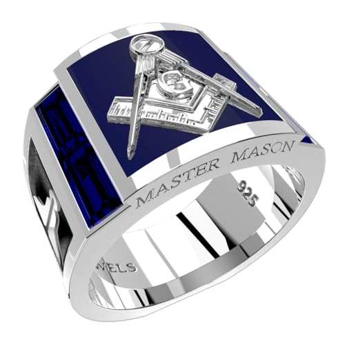 US Jewels Men's 925 Sterling Silver Synthetic Sapphire Master Mason Masonic Ring, Size 9