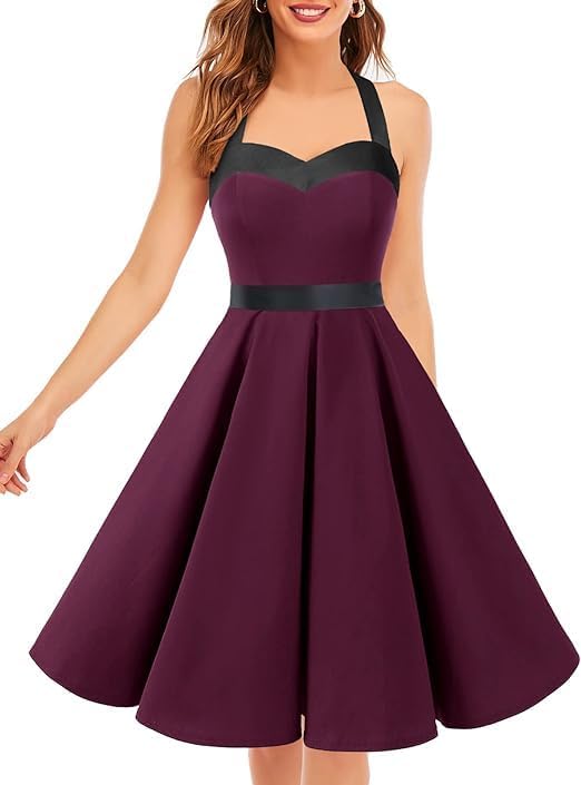 Vintage 1950s Cocktail Dress - Retro Halter Swing Dress for Party & Wedding Dm Burgundy Black