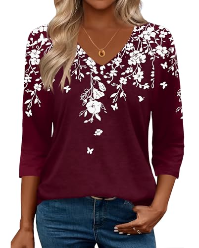 Zeagoo Womens Blouses Dressy Casual 3/4 Length Sleeve Ladies Tops Boho Floral Tshirts Soft Blouses for Women Plus Size