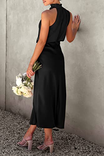 PRETTYGARDEN Women's 2025 Summer Satin Dress Elegant Sleeveless Mock Neck Cocktail Party Maxi Dresses (Black,Large)