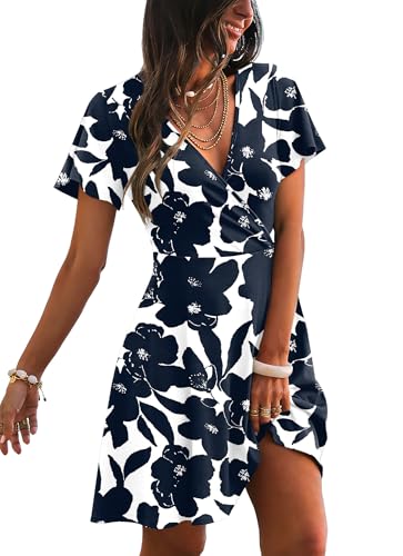 RUMIA Sundresses for Women 2026 Summer Beach Dresses Party A-line Wrap V Neck Dress Spring Clothing Floral Navy 02 L