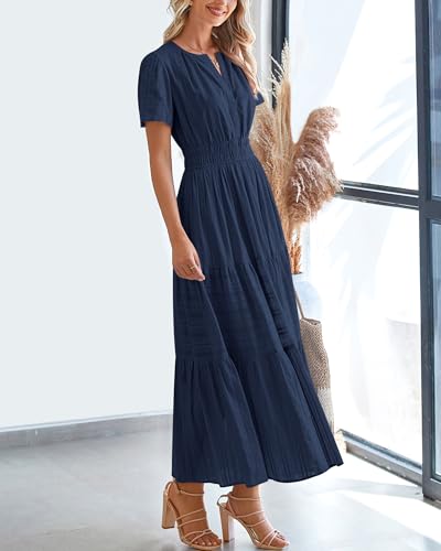 BTFBM Womens Summer 2026 Casual Midi Maxi Dresses Lightweight Short Sleeve V Neck Elastic Waist Boho Beach Dress Pockets(Navy, Medium)
