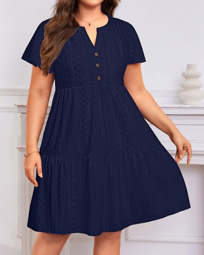 Talisea Navy Blue Dress for Women Plus Size Eyelet Summer Casual Beach Work Short Sleeve Ruffle Tiered Button Flowy Sundress