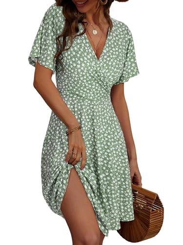 FENSACE Summer Dresses for Women 2026 Casual Lightweight Fit and Flare Green Floral Spring Baby Shower Dress(Floral-32,Large)