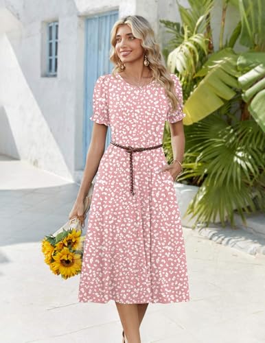 Zeagoo Ladies Dresses Floral Casual Summer Dresses for Women Short Sleeve Dress Womens Midi Dress 2026 Boho Sundress, Pink Dot,L