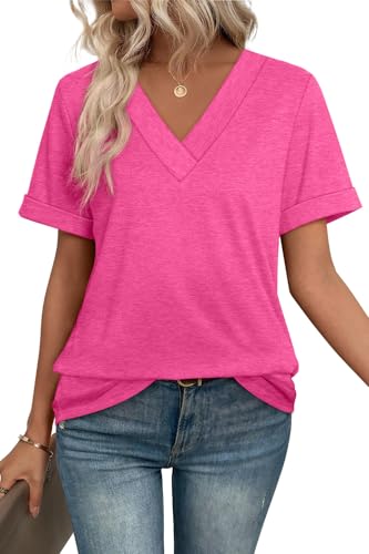 WIHOLL Summer Tops for Women Dressy Casual Short Sleeve Shirts V Neck Loose Fit Basic Cute Tops for Women Trendy Vacation Outfits Hot Pink XL