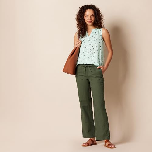 Amazon Essentials Women's Pull On Linen Blend Drawstring Relaxed Fit Wide Leg Pant, Dark Olive, Medium
