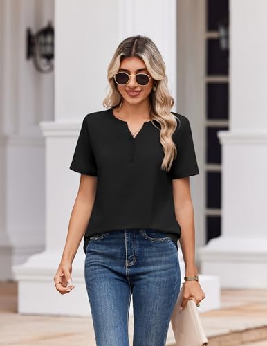 Zeagoo Shirts for Women 2026 Fashion Spring Tops Short Sleeve Henley Shirts Business Work Blouse Tee Clothes Black