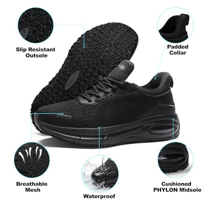 PEAKVIP Wide Non Slip Work Shoes for Men with Arch Support Cushioned Food Service Orthopedic Sneakers Slip on Waterproof Oil Resistant Chef Walking Footwear for Kitchen Restaurant Black US 10