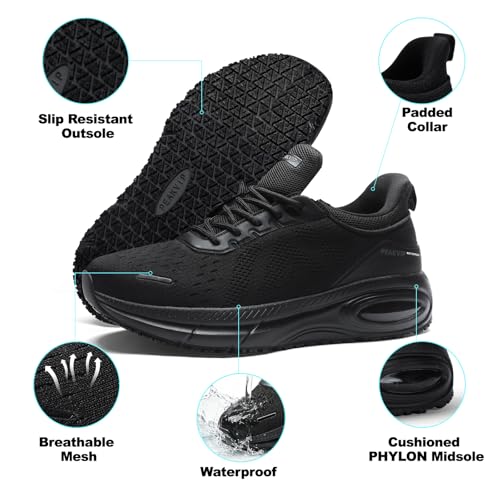 PEAKVIP Wide Non Slip Work Shoes for Men with Arch Support Cushioned Food Service Orthopedic Sneakers Slip on Waterproof Oil Resistant Chef Walking Footwear for Kitchen Restaurant Black US 10