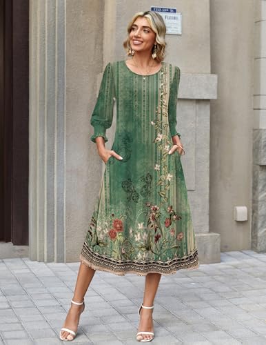 Zeagoo Boho Dresses for Women 2026 Crewneck 3/4 Sleeves A line Casual Flowy Swing Dress Summer Midi Long Sundress Floral-840 S