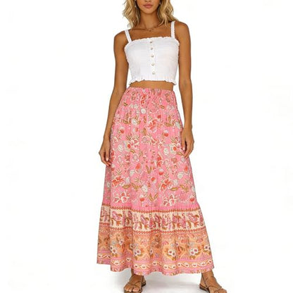ROYLAMP Women's Boho Trendy Floral Maxi Skirt High Waisted A Line Skirts Flowy Swing Dressy for Beach with Pockets Pink & Pink Floral S