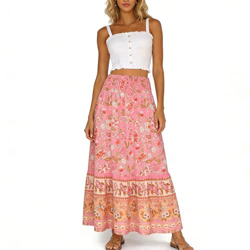 ROYLAMP Women's Boho Trendy Floral Maxi Skirt High Waisted A Line Skirts Flowy Swing Dressy for Beach with Pockets Pink & Pink Floral S